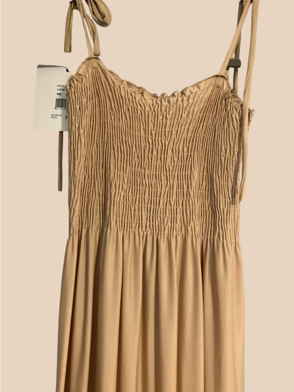 Tie-Shoulder Smocked Maxi Dress in Camel/Tan - Picture 2 of 3
